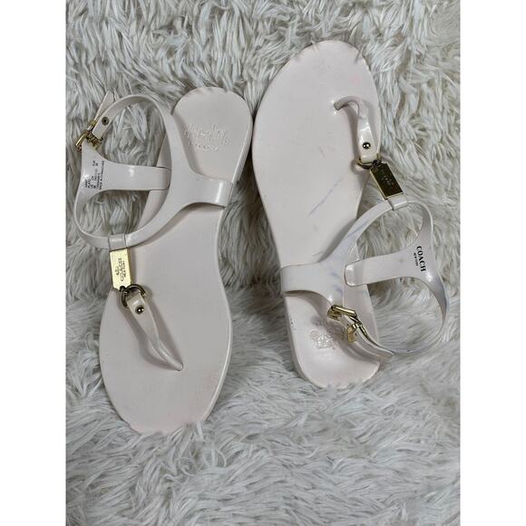 Coach Sandals Womens Size 9B White Jelly T-Strap Thong Gold Hardware Ankle Strap - Picture 1 of 6